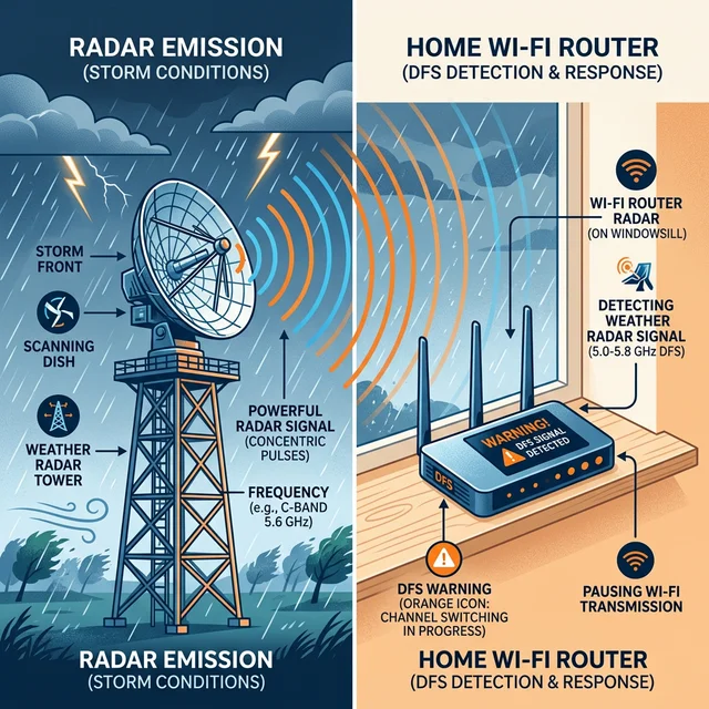 気象レーダーとDFS機能の関係：レーダー波を検知するとWi-Fiが一時停止する仕組み