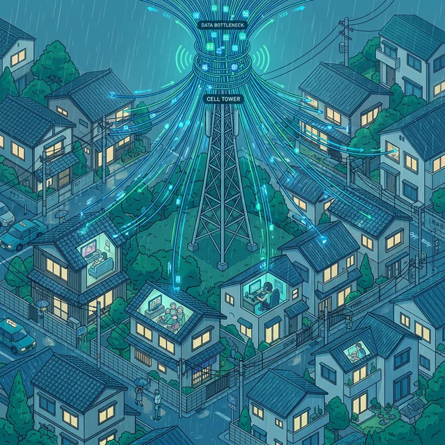 雨の日にネット利用者が急増し回線が混雑する様子のイメージ図