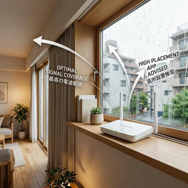 窓際の高い位置にWiMAXホームルーターを設置した理想的な配置例