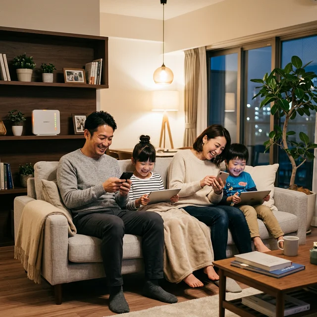 家族4人でスマホやタブレットを使う様子