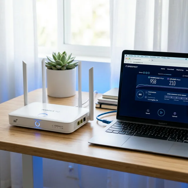 WiMAX 5Gルーターとスピードテスト結果のイメージ