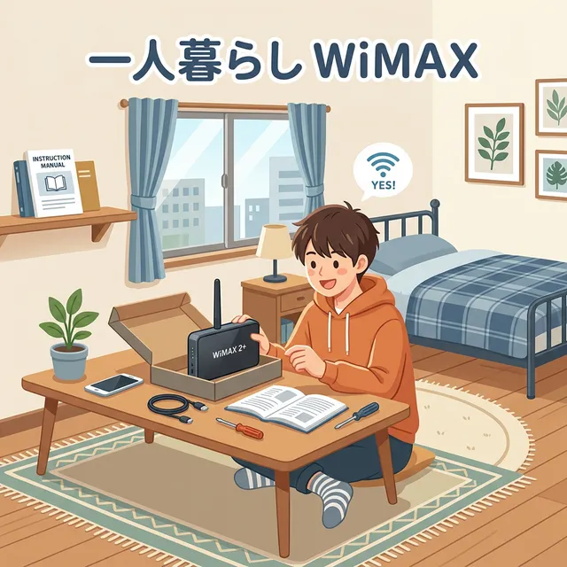一人暮らしの部屋でWiMAXをセットアップするイラスト