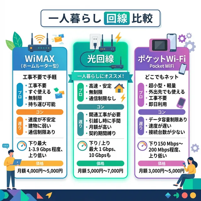 一人暮らし向けインターネット回線3つの比較イラスト