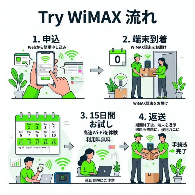 Try WiMAX無料お試しの流れイラスト