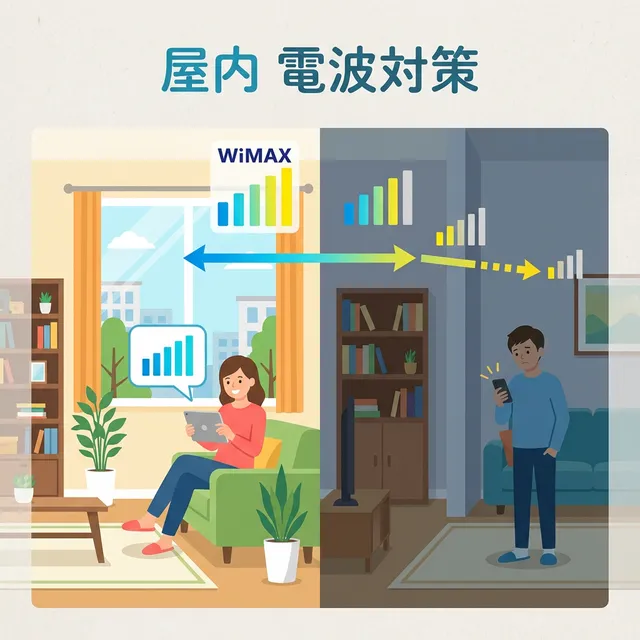 WiMAXの屋内外の電波強度の違いイラスト