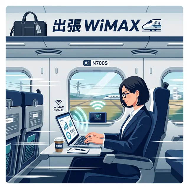 新幹線でWiMAXを使うビジネスマンのイラスト
