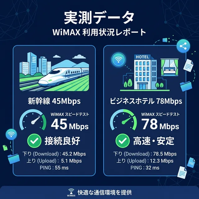 新幹線とホテルでのWiMAX実測データイラスト