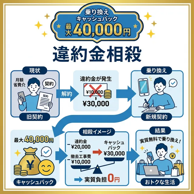 乗り換えキャッシュバックで違約金を相殺するイラスト