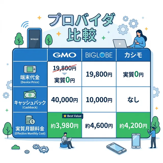 WiMAXプロバイダ別端末コスト比較イラスト
