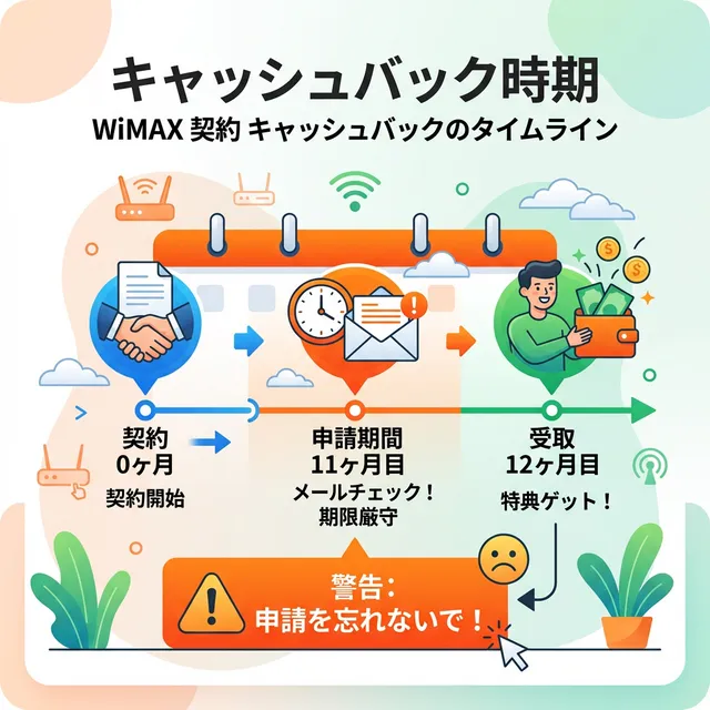 WiMAXキャッシュバック受取スケジュールイラスト