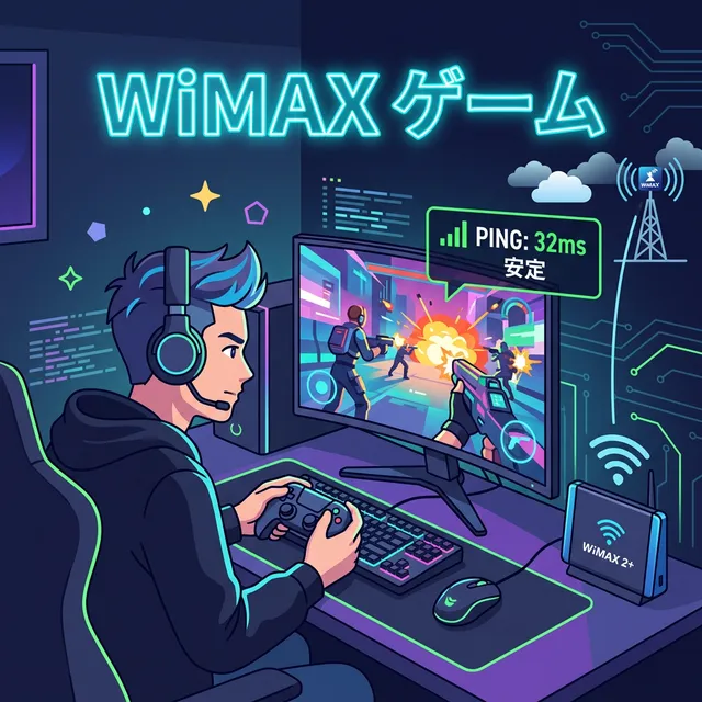 WiMAXでオンラインゲームをプレイするゲーマーのイラスト