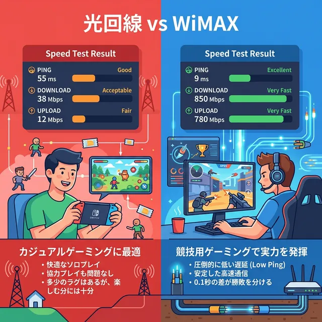 光回線とWiMAXのゲーム性能比較イラスト