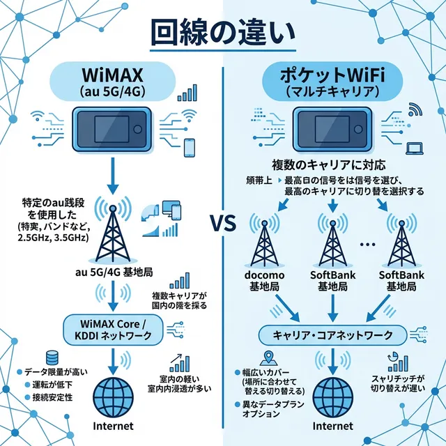 WiMAXとポケットWiFiの回線の違いイラスト