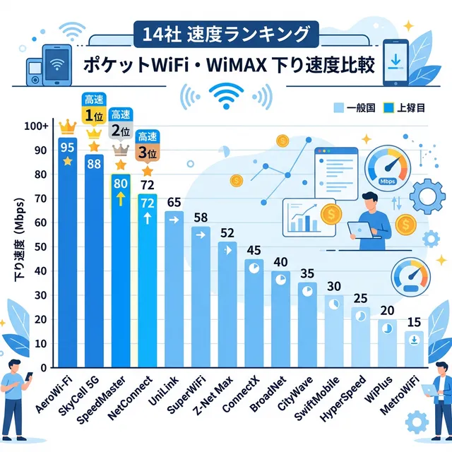 主要14社の速度ランキングイラスト