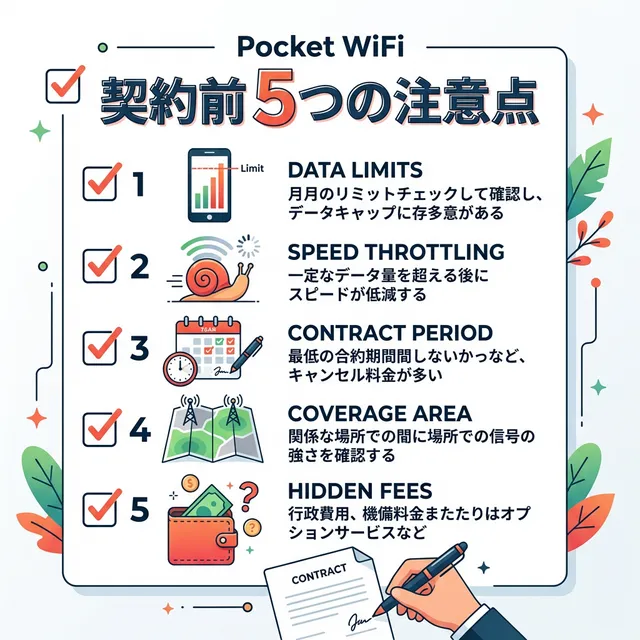 契約前に知るべき5つの注意点イラスト