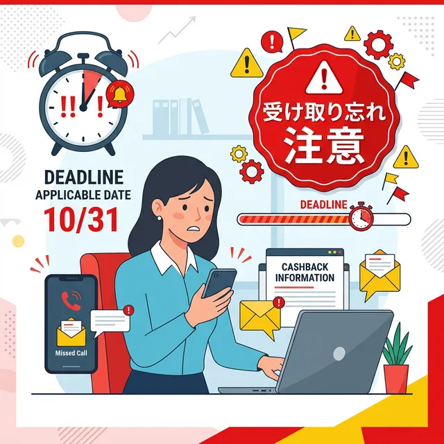 キャッシュバック受け取り忘れ注意イラスト