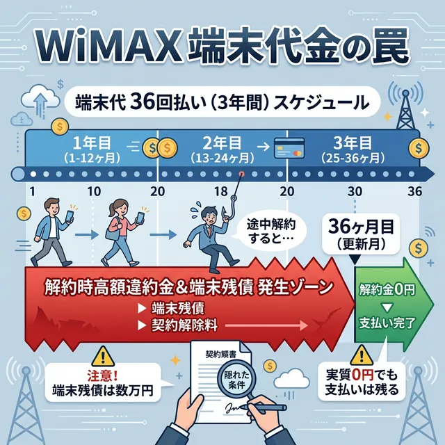WiMAX端末残債の罠を警告するイラスト