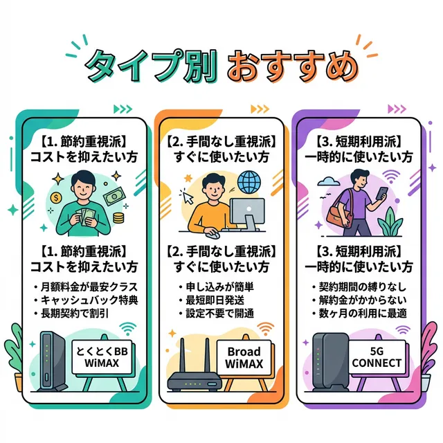 タイプ別おすすめWiMAXプロバイダイラスト