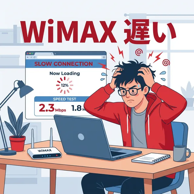 WiMAXの遅さに困っている場面のイラスト