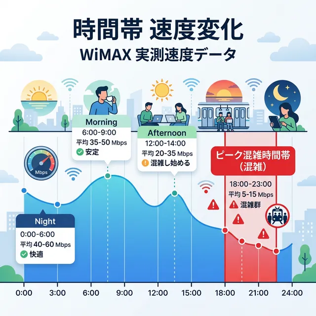 WiMAXの時間帯別速度変化イラスト