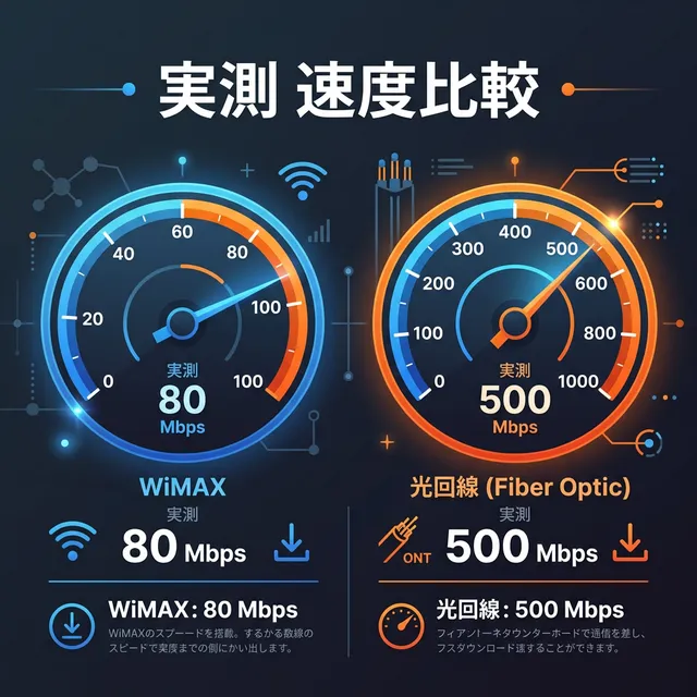 WiMAXと光回線の実測速度比較イラスト